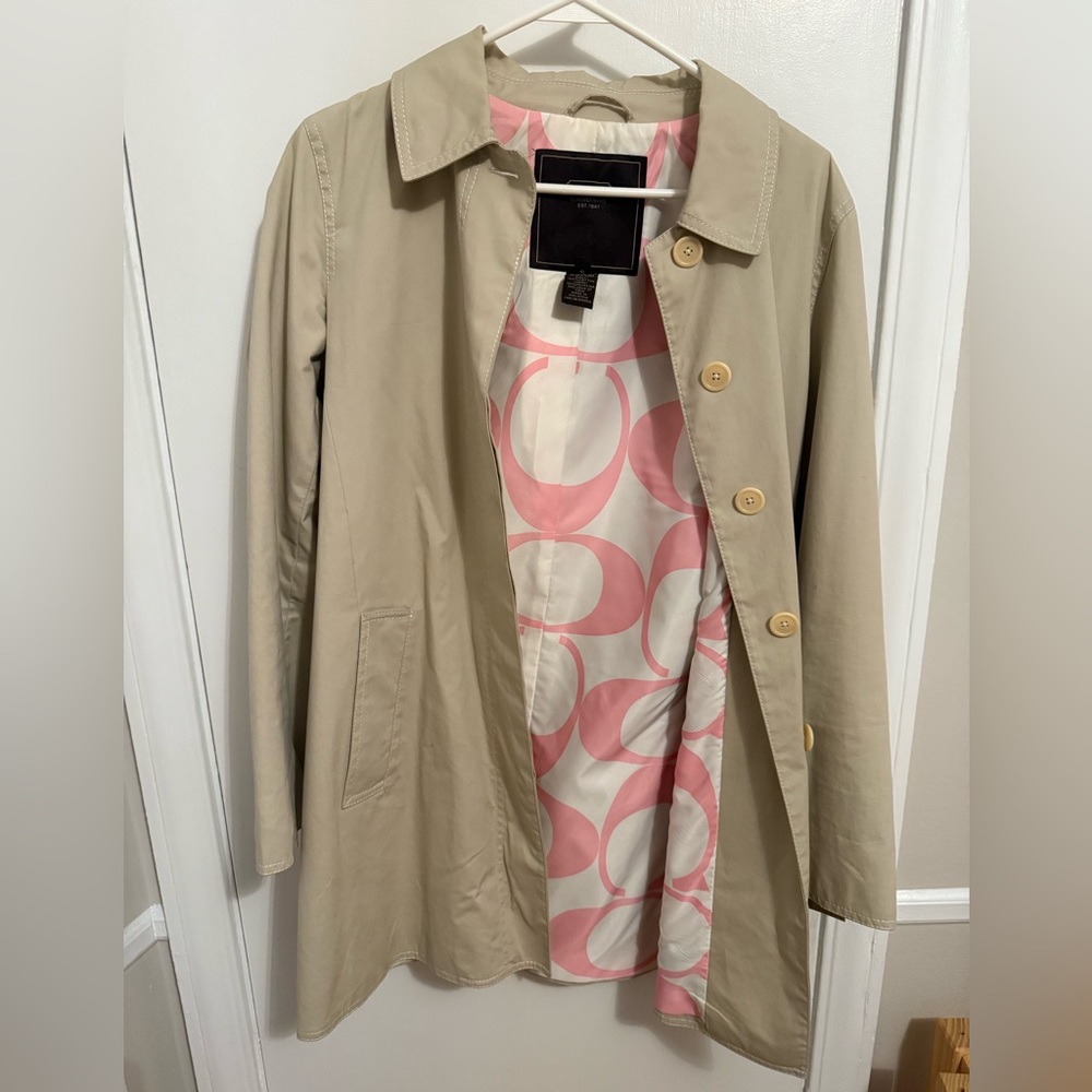 Coach Tan Trench Coat with Pink Patterned Lining